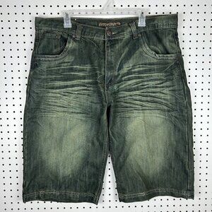 Jinzu Grunge Green Baggy Jean Shorts Sz 40‎ Jorts Wide Leg Skate Y2K Punk Goth